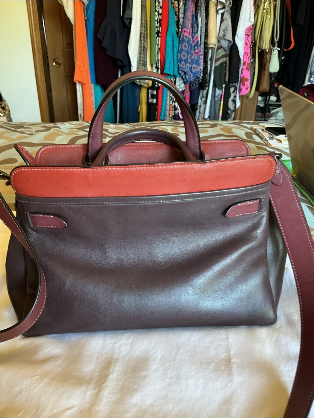 Coach Tate Carryall Two-Tone Brown and Burgundy Leather Crossbody - Picture 5 of 15